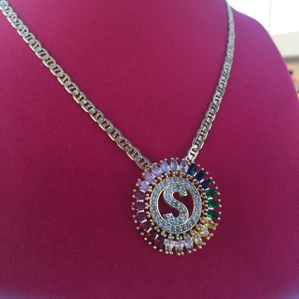 Multi color stone “S” initial pendant